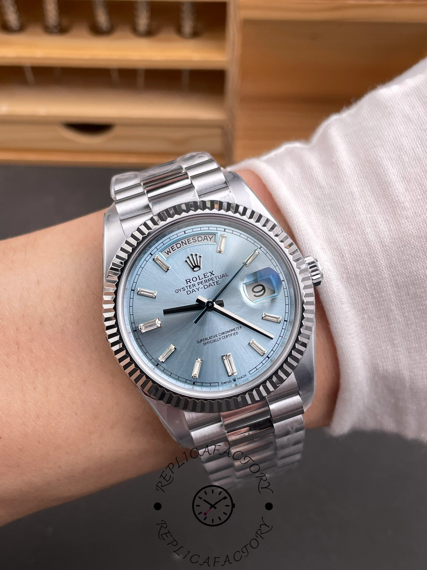 Rolex Day Date 40mm Platinum 228236 0006 Ice Blue Baguette
