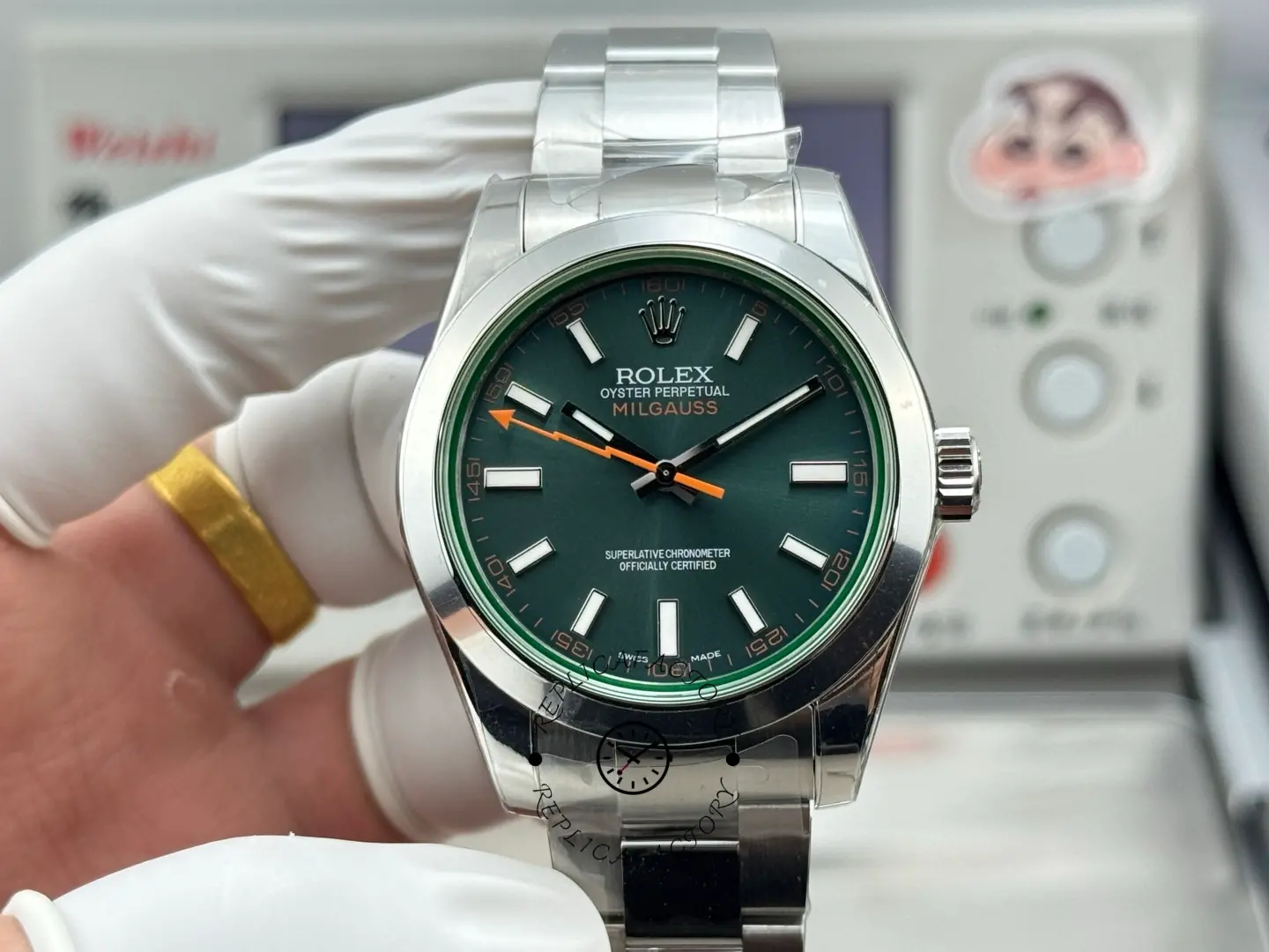 Front view of Rolex Milgauss 116400GV-0002 with Z-blue dial, green crystal edge and steel bracelet.