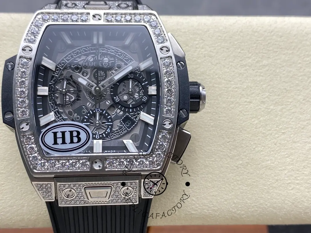Front view of Hublot 642.NX.0170.RX.1704 with pavé bezel, skeleton dial, and black ribbed rubber strap.