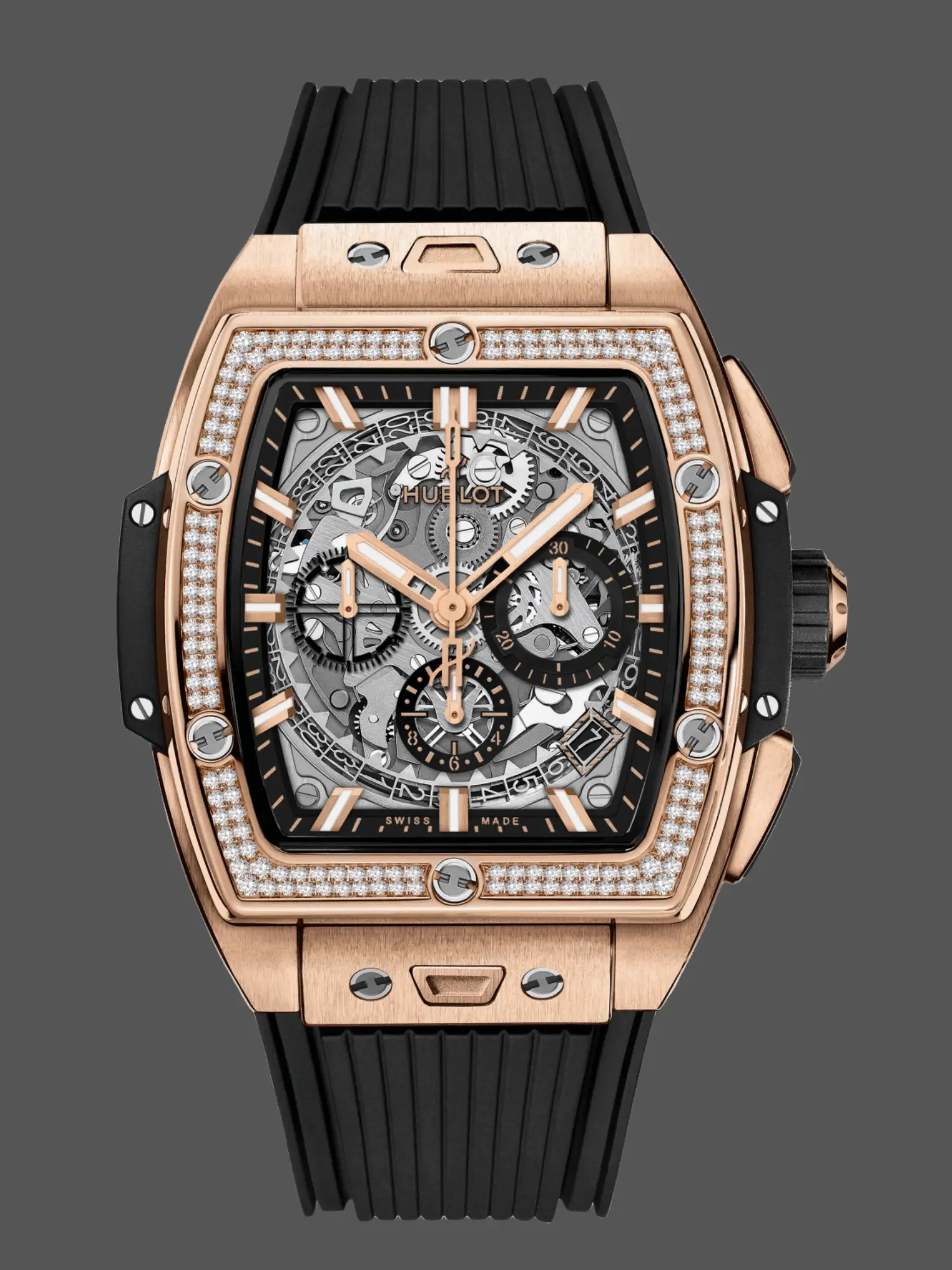 Front view of Hublot 642.OX.0180.RX.1104 showing diamond-set bezel, skeleton chronograph dial, and black rubber strap. - Front view