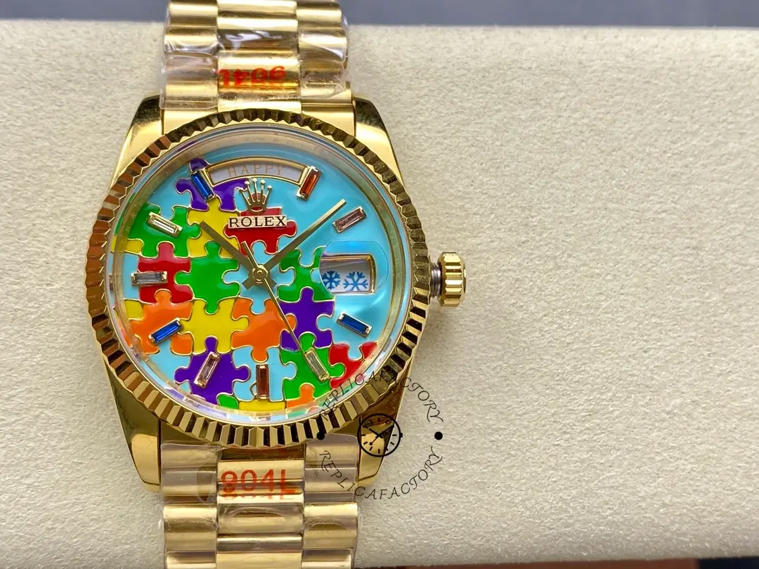 Rolex Day Date 128238-0106 36mm Yellow Gold Fluted Bezel Emoji Puzzle Dial