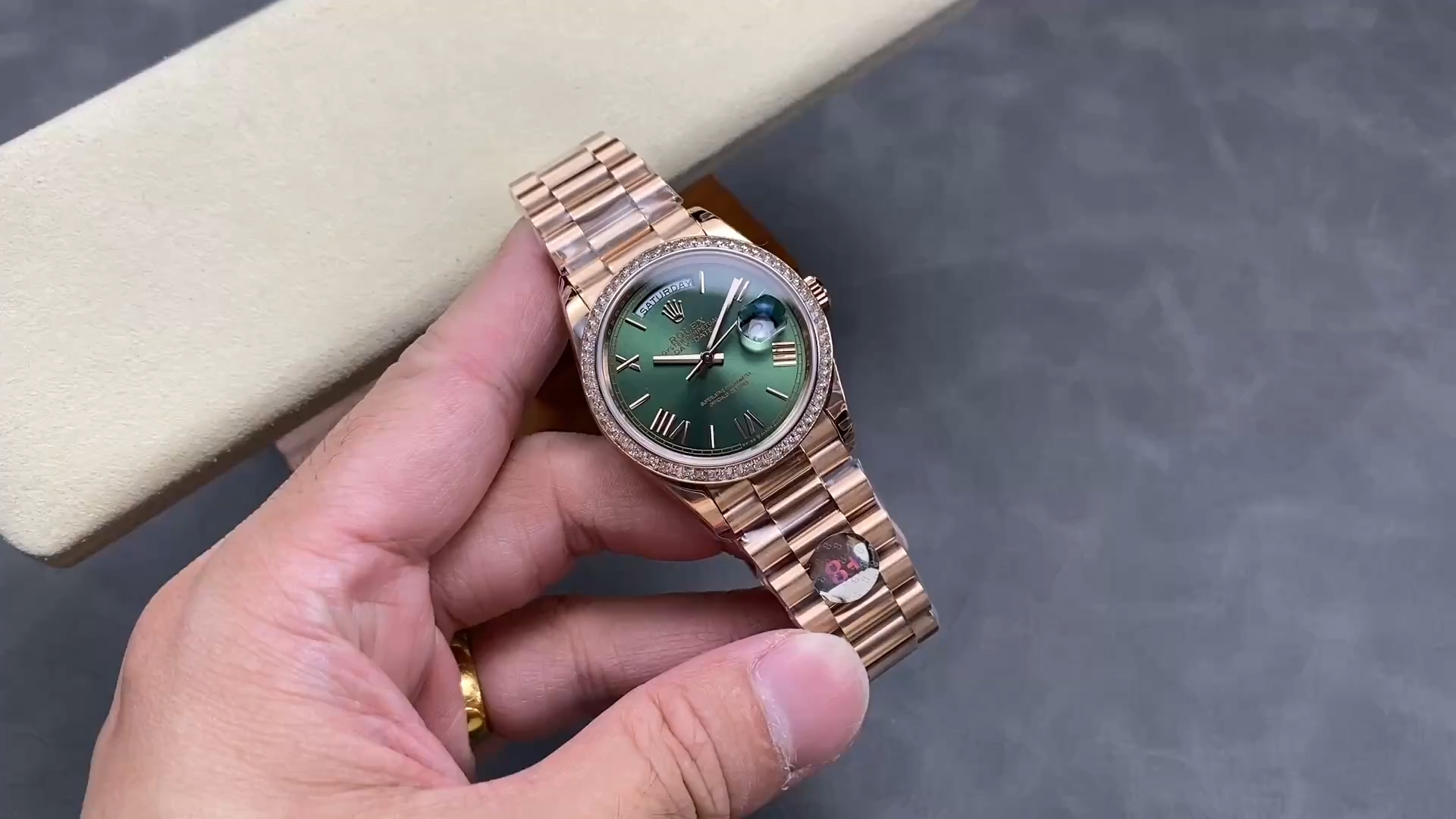Rolex Day-Date 36 Olive Green Dial Diamond Bezel 128345RBR 0085 Replica