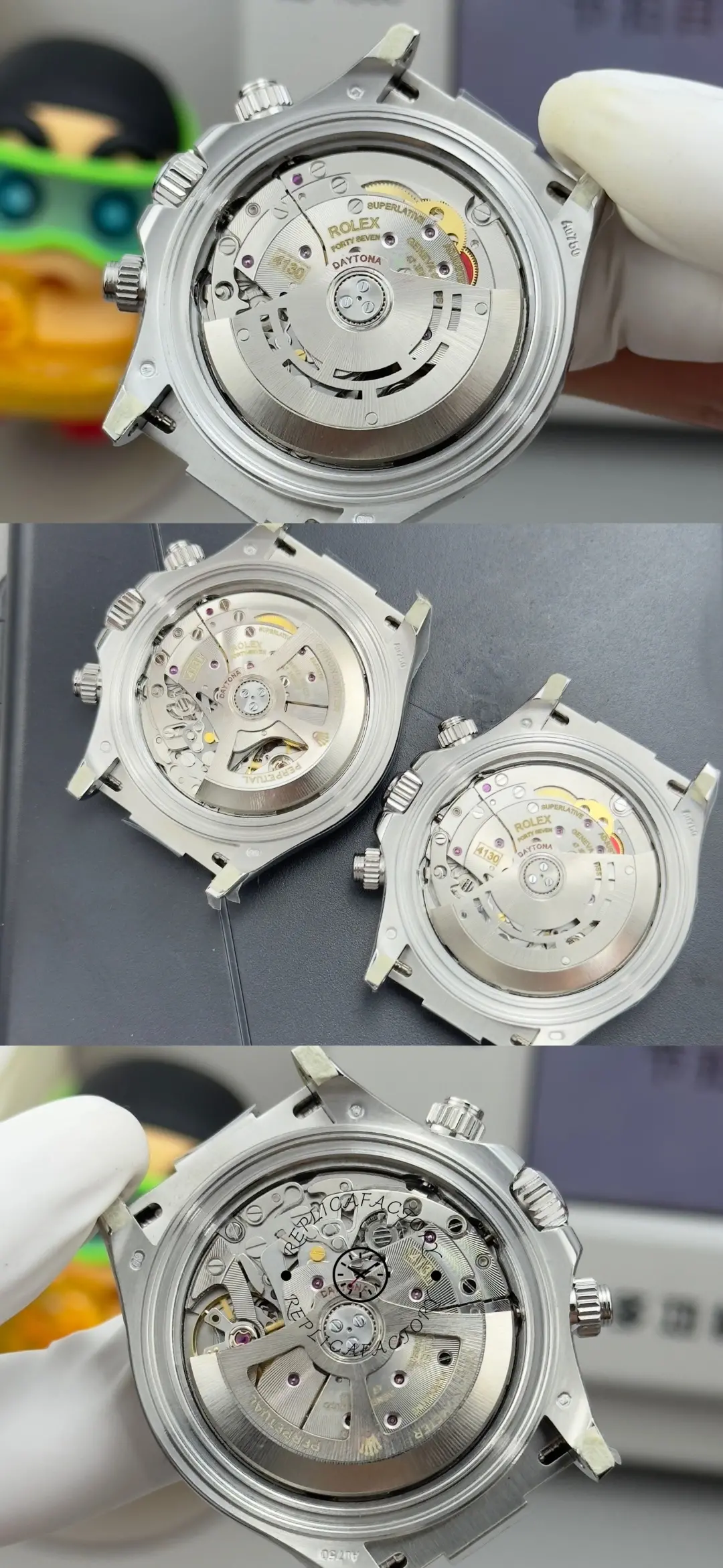 Movement detail of Rolex Cosmograph Daytona 126519LN showing the automatic chronograph movement and rotor.