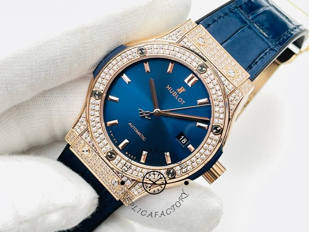 Hublot Classic Fusion 542.OX.1181.LR.1704 angled blue dial shot, polished case and lug lines.