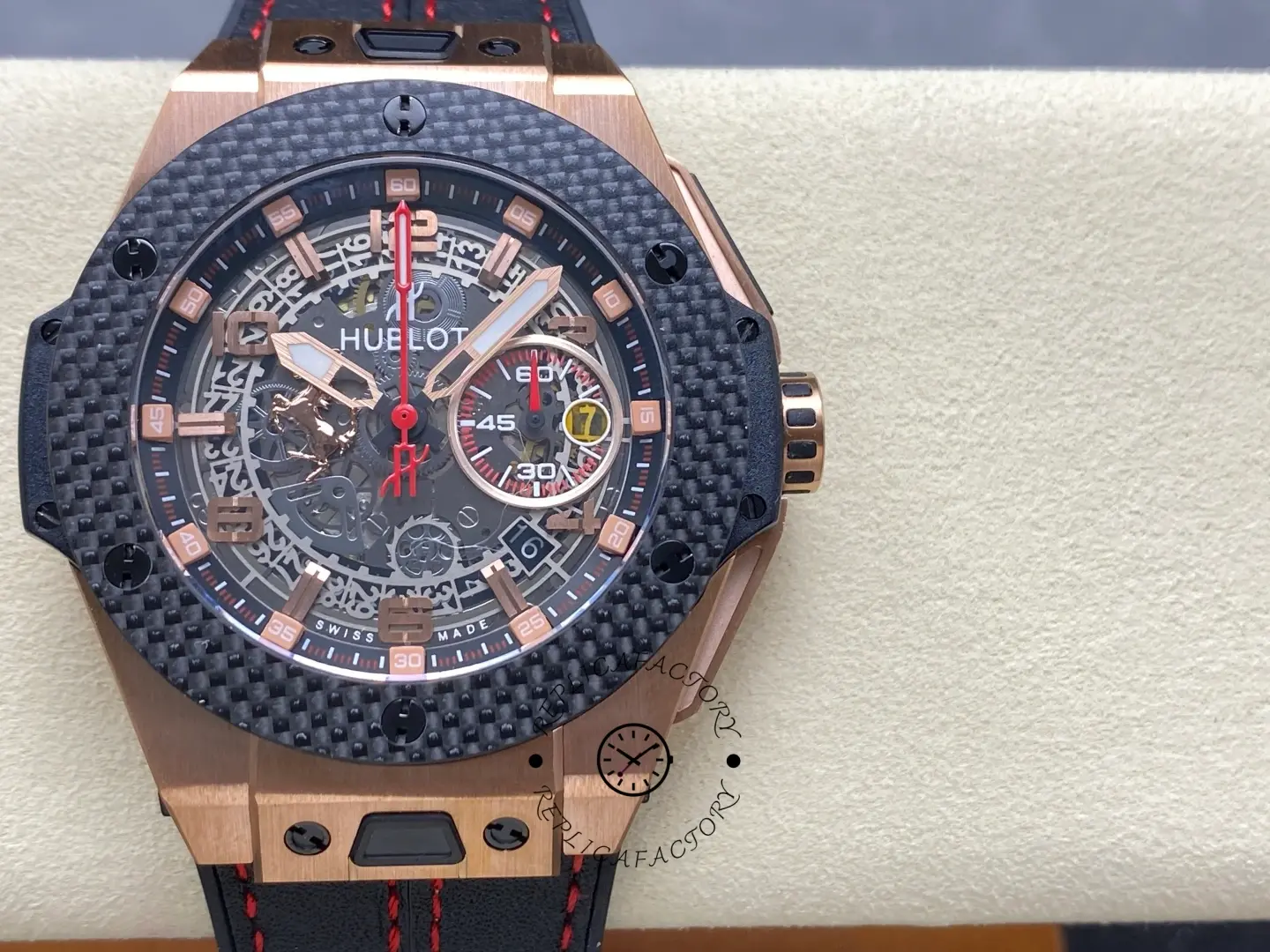 Close-up front of Hublot Big Bang Unico Ferrari 401.OX.0123.VR highlighting chronograph subdials and markers.