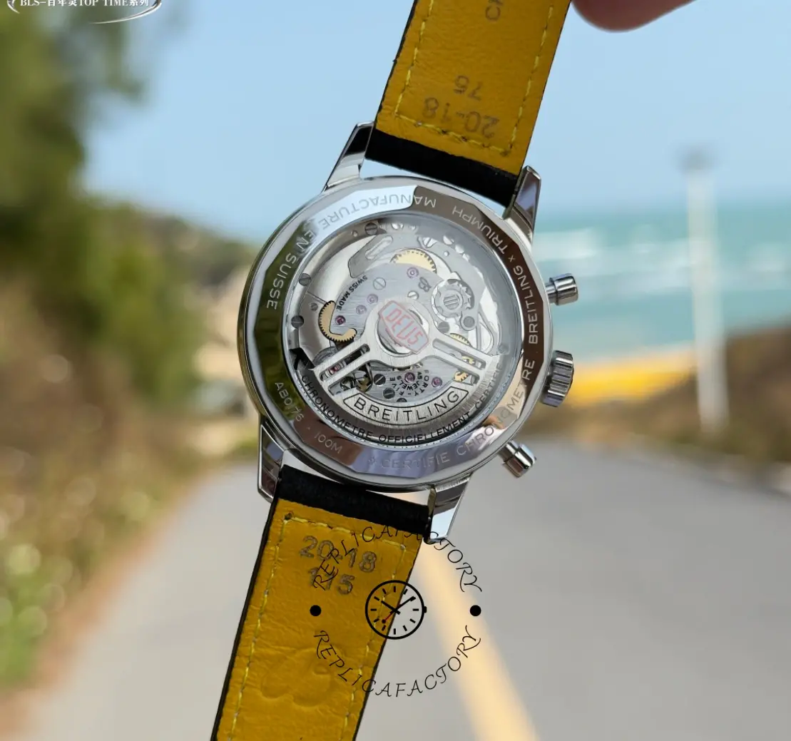 Breitling Top Time B01 Deus Chronograph AB01765A1B1X1, caseback view with rotor on yellow strap.