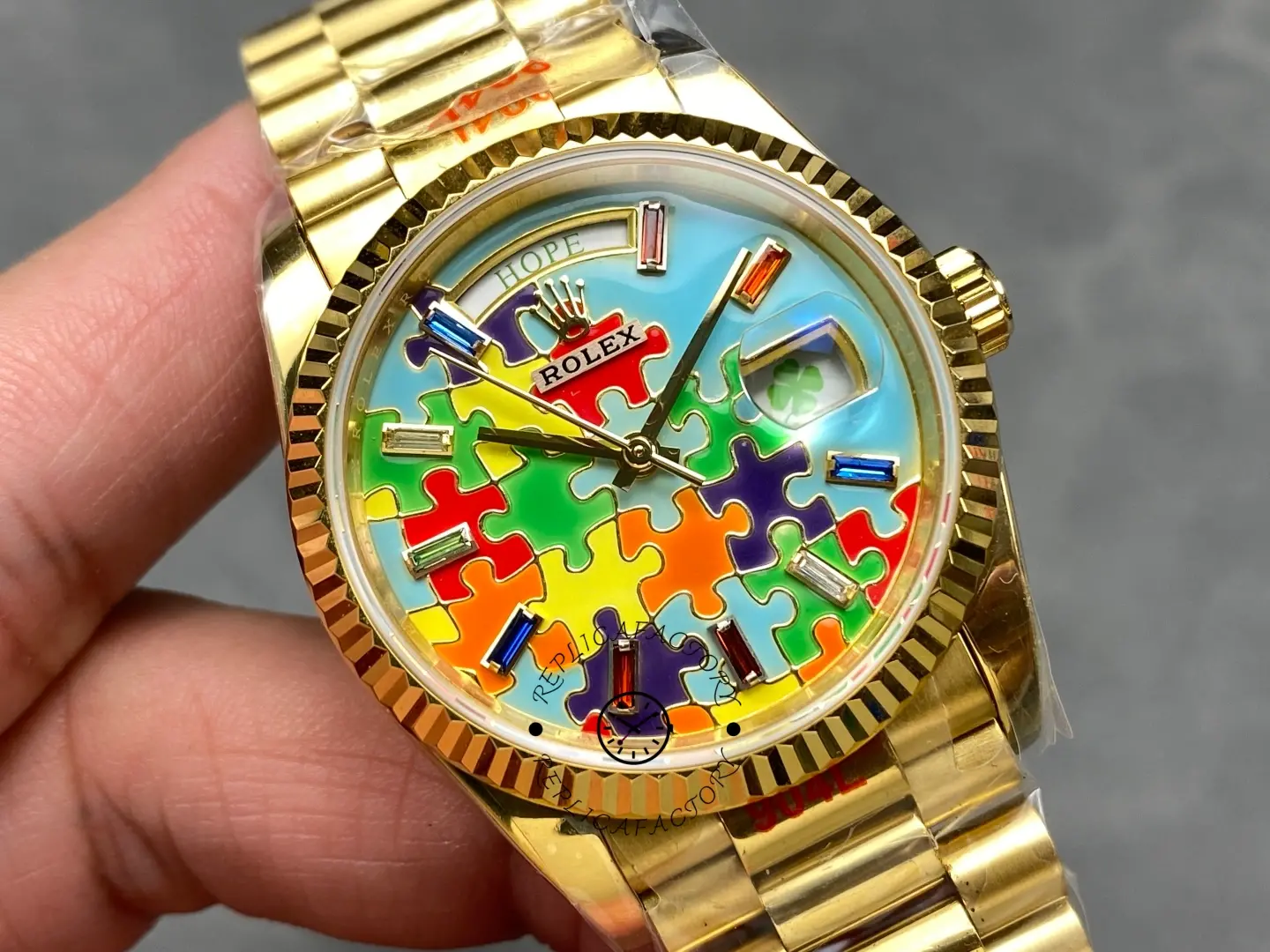 Rolex Day Date 128238-0106 36mm Yellow Gold Fluted Bezel Emoji Puzzle Dial