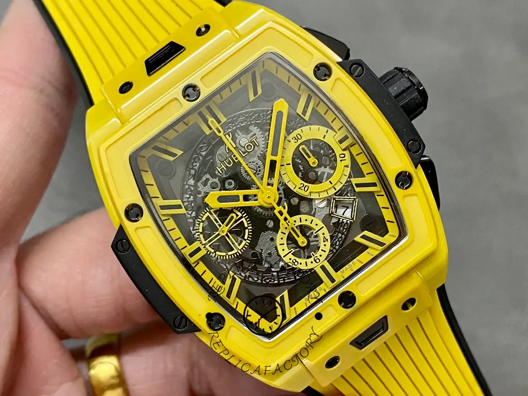 Angled close-up of Hublot 642.CY.011Y.RX showing bezel screws and sapphire crystal clarity.