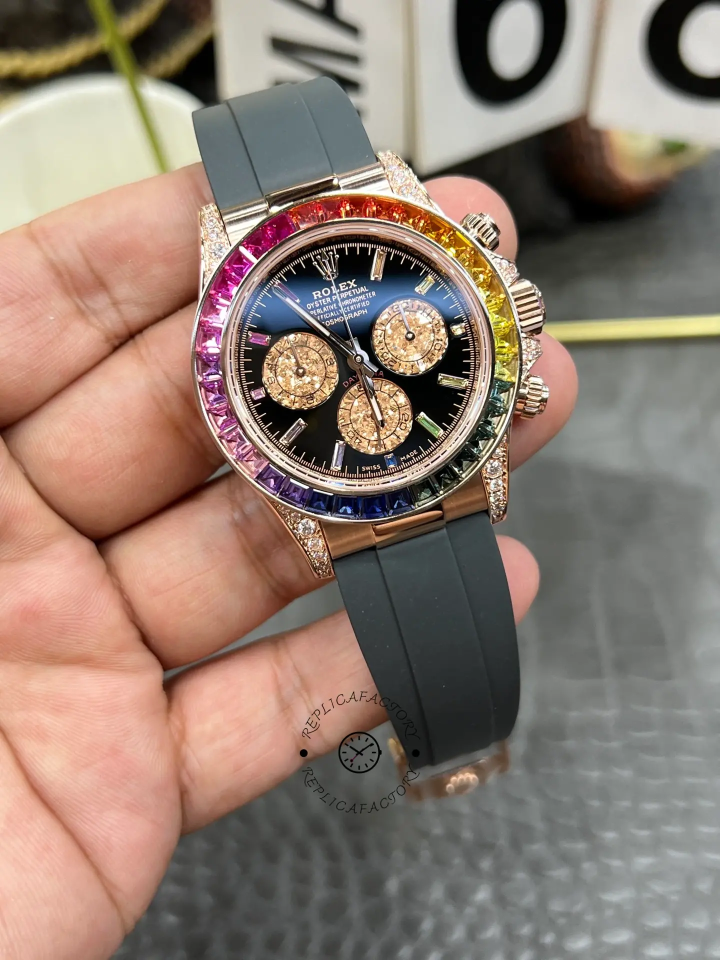 Rolex Daytona 1:1 Clone 116595RBOW Black Dial Rubber Strap