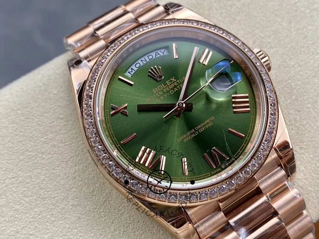 Rolex Day-Date 228345RBR 0011 Olive Green Roman Dial Diamond Bezel 40mm Mens Replica Watch