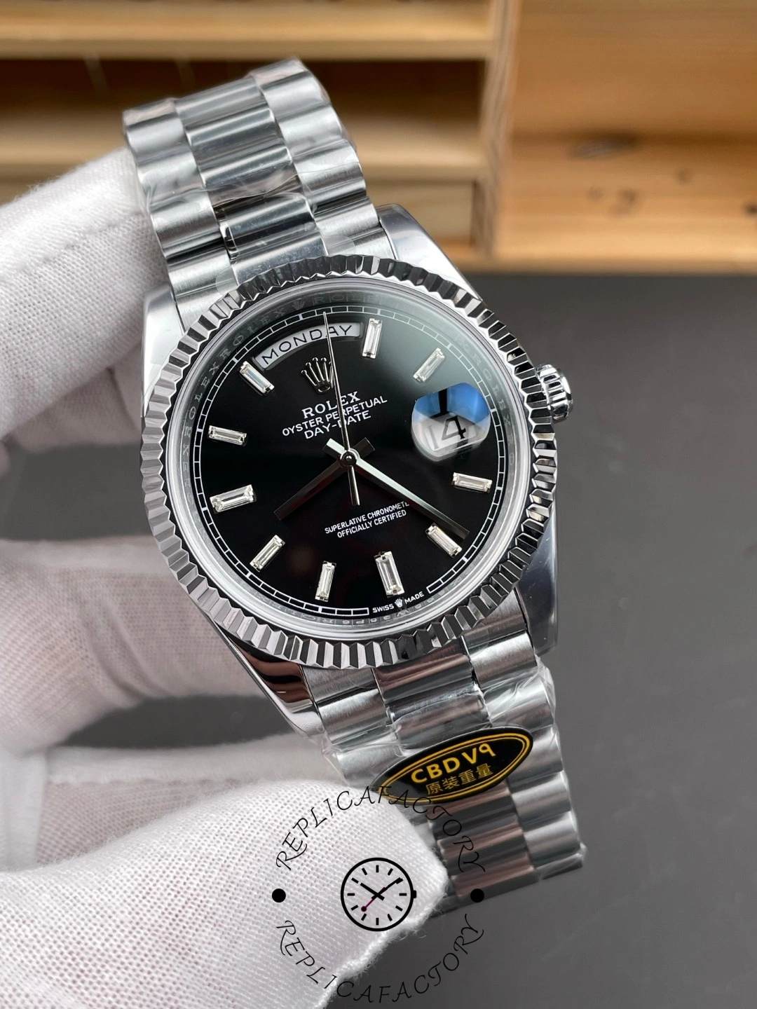 Rolex Day-Date 40mm 228239 0005 Black Diamond Dial Fluted Bezel Mens Replica Watch