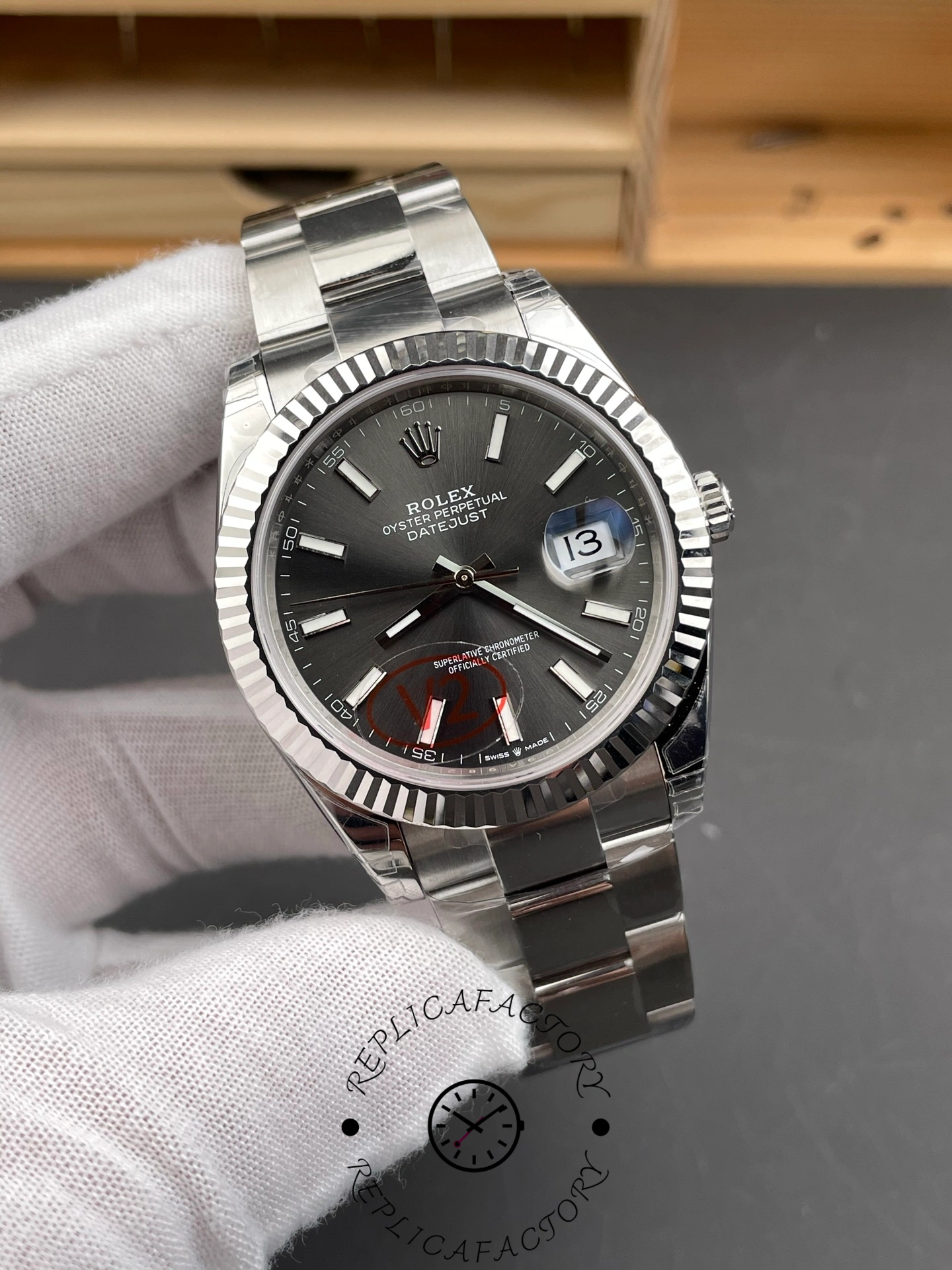 Rolex Datejust 41 White Gold Fluted Bezel Slate Dial Oyster M126334 0013 Men's Watch