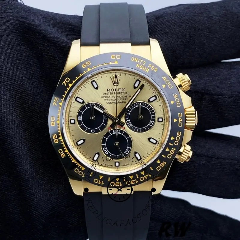 Gloved hand view of Rolex Daytona 116518LN showing the front dial and yellow gold case.