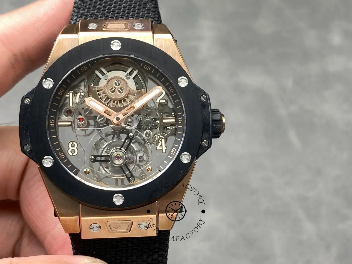 Hublot 429.OQ.0180.RX front view showing skeleton dial and rose gold case with black bezel.