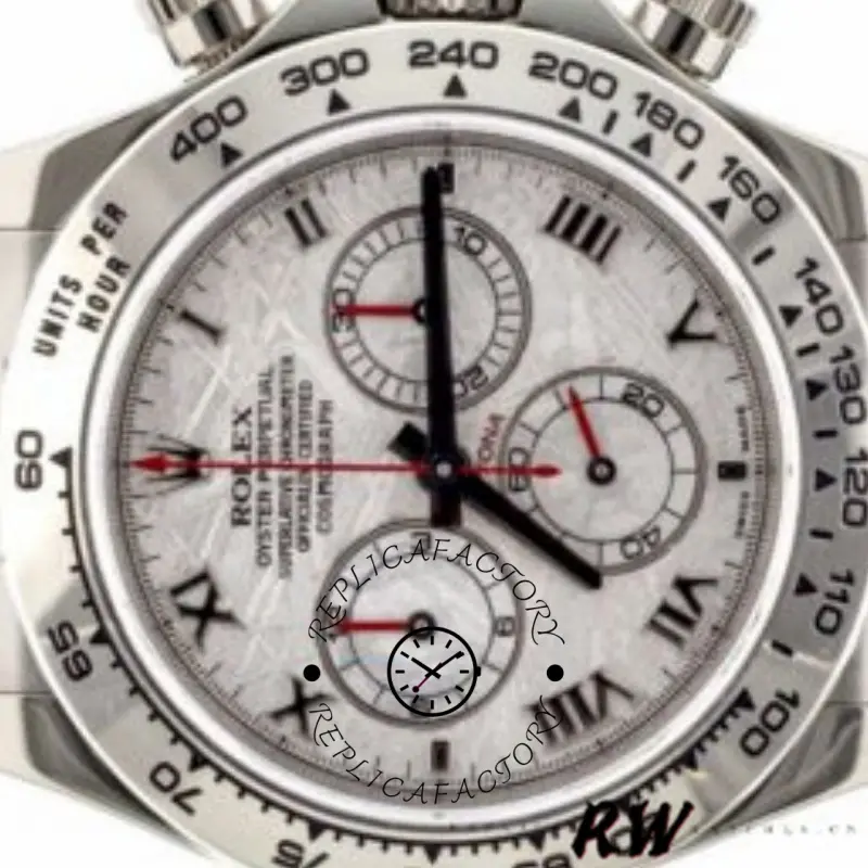 Rolex Daytona 116519MT dial macro, meteorite dial with red accents and bezel scale.