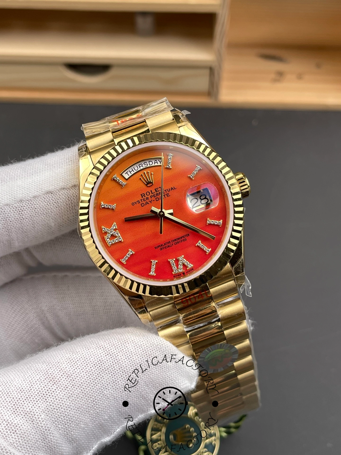 Rolex Day-Date 128238 Fluted Bezel Carnelian dial 36MM Unisex Replica Watch