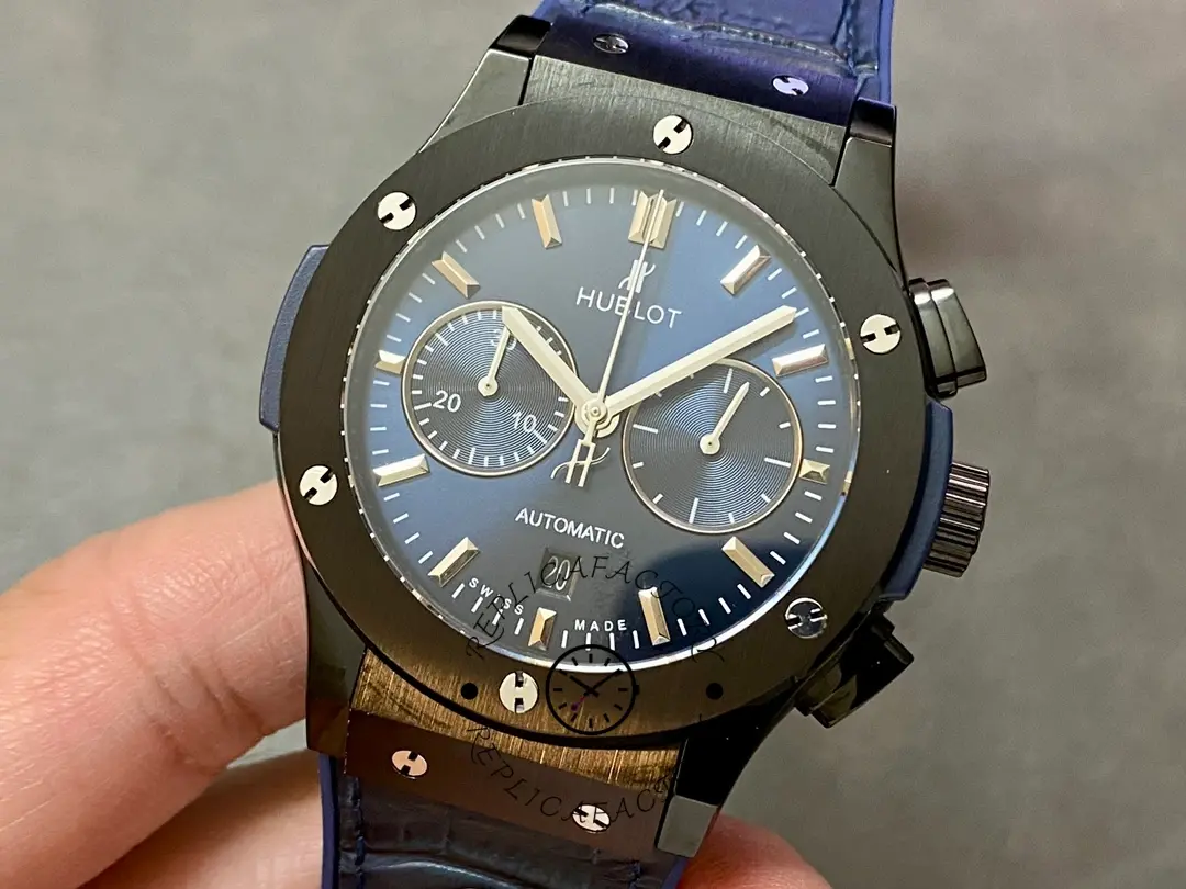 Angled dial view of Hublot 521.CM.7170.LR highlighting the sunray blue finish and bezel screws.