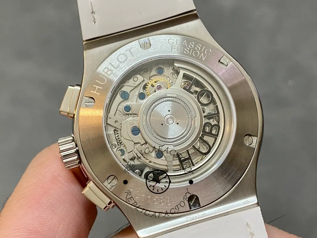 Exhibition caseback of Hublot 521.NX.7071.LR showing rotor and movement through back.