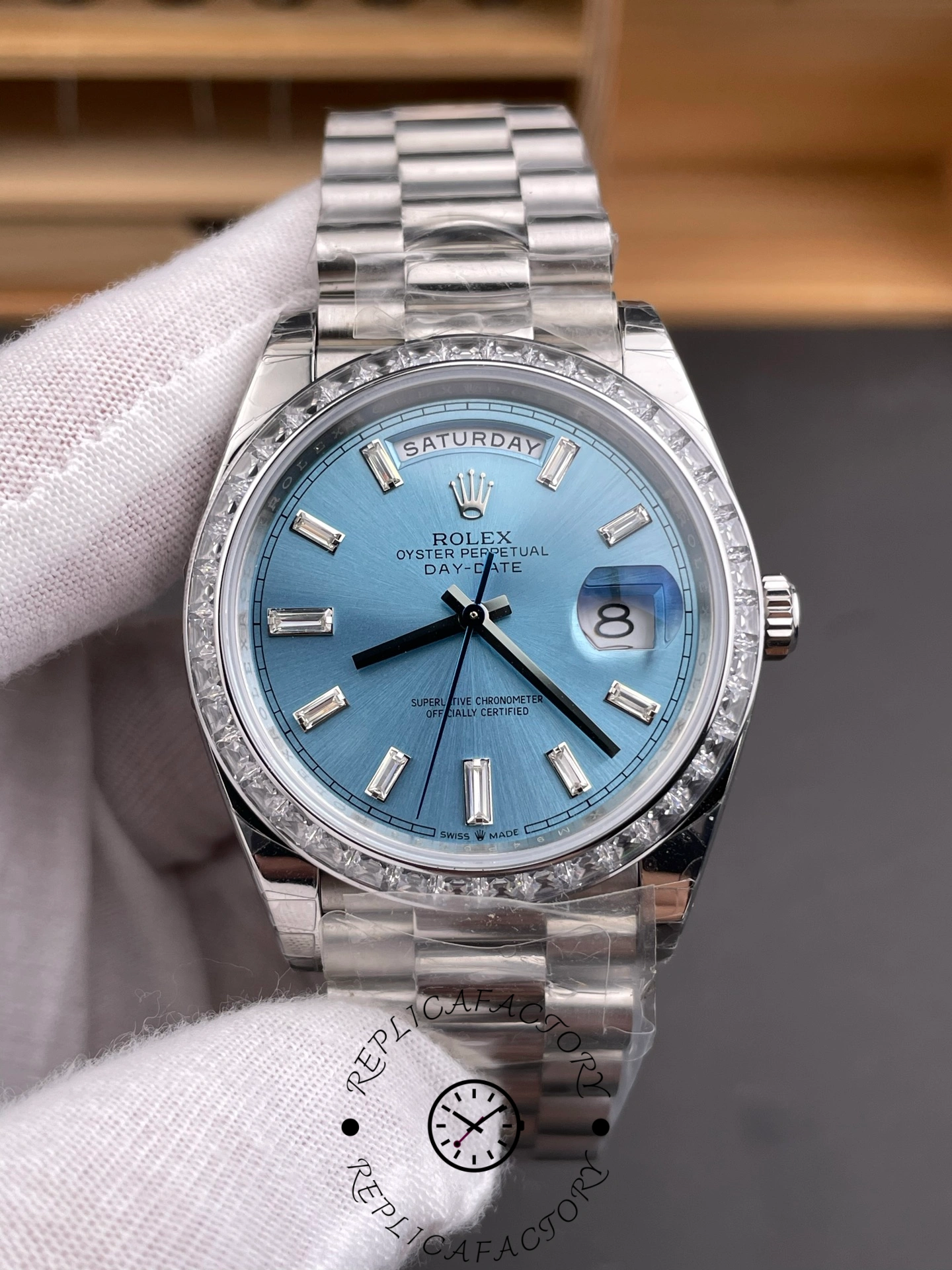 Rolex Day Date m128396tbr 0003 Platinum Ice Blue Dial 36 mm