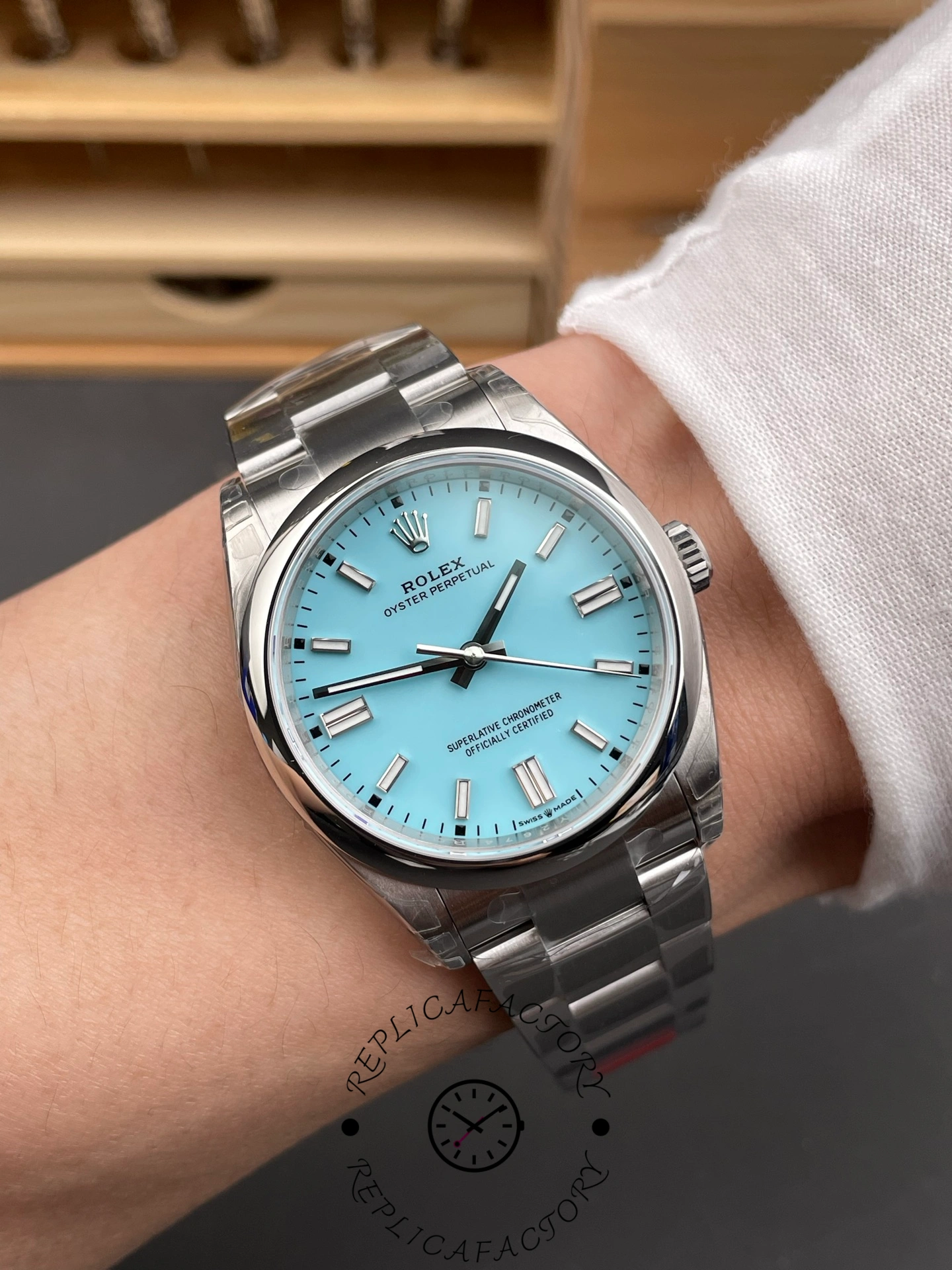 2024 Rolex Oyster Perpetual 126000 Stainless Steel Baby Blue Dial Replica Watch