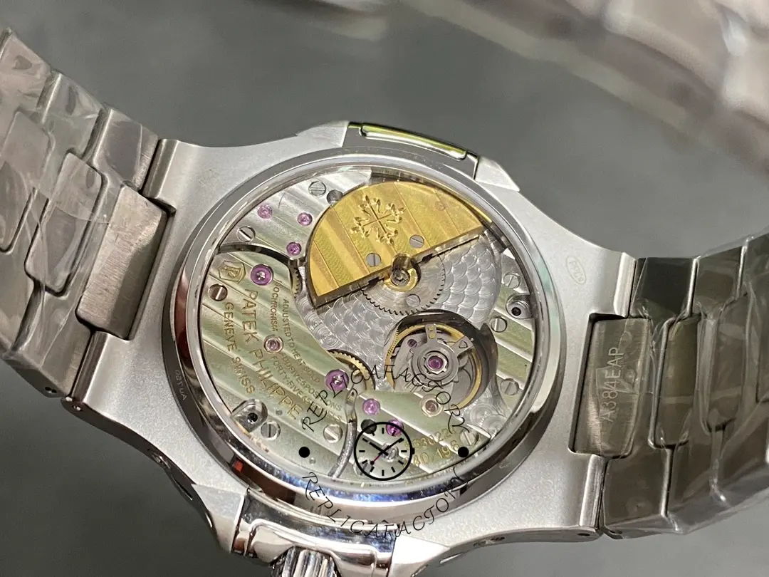 Rear view of the Patek Philippe Nautilus 5740 1G 001 showing the movement and rotor through the sapphire back.