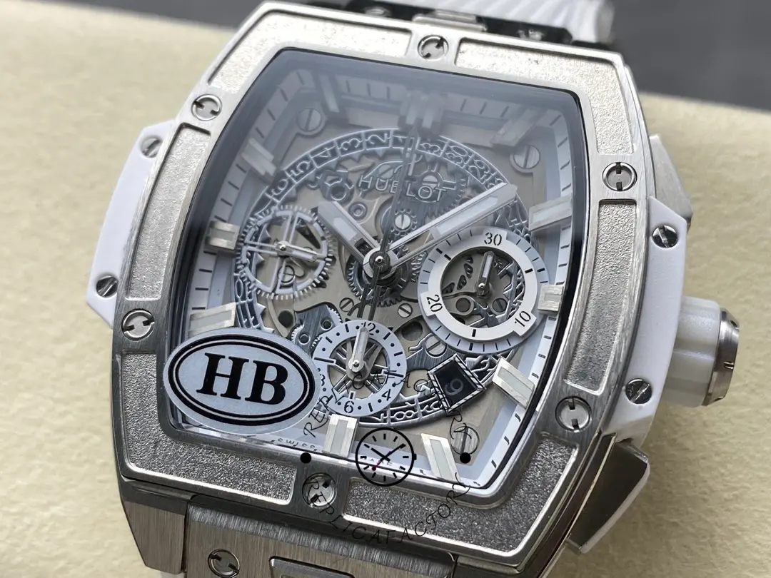 Side-angled view of Hublot 642.NE.2010.RW showing the tonneau case profile and crown/pushers.