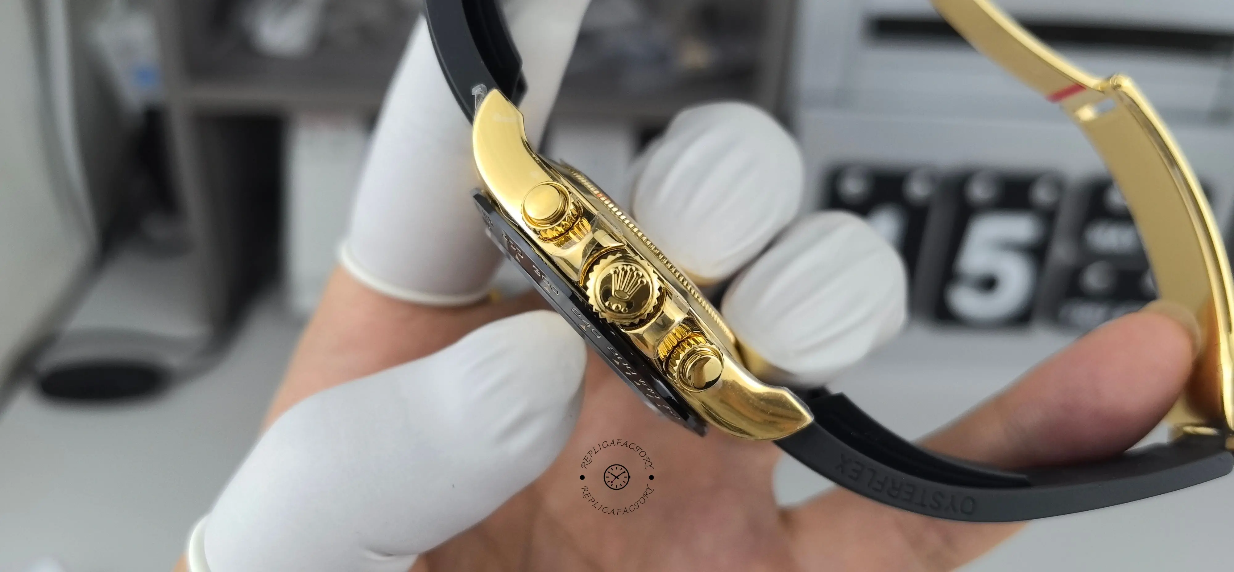 Right side view of Rolex Daytona 116518LN showing crown, pushers and bezel edge.
