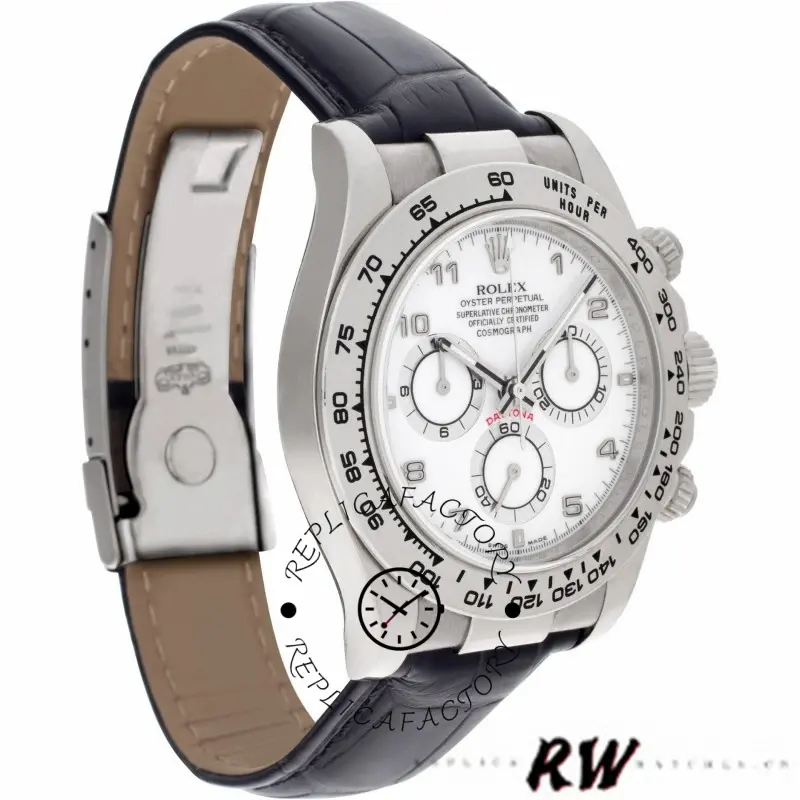 Side angled view of Rolex Daytona 116519 showing white dial and black leather strap fit.