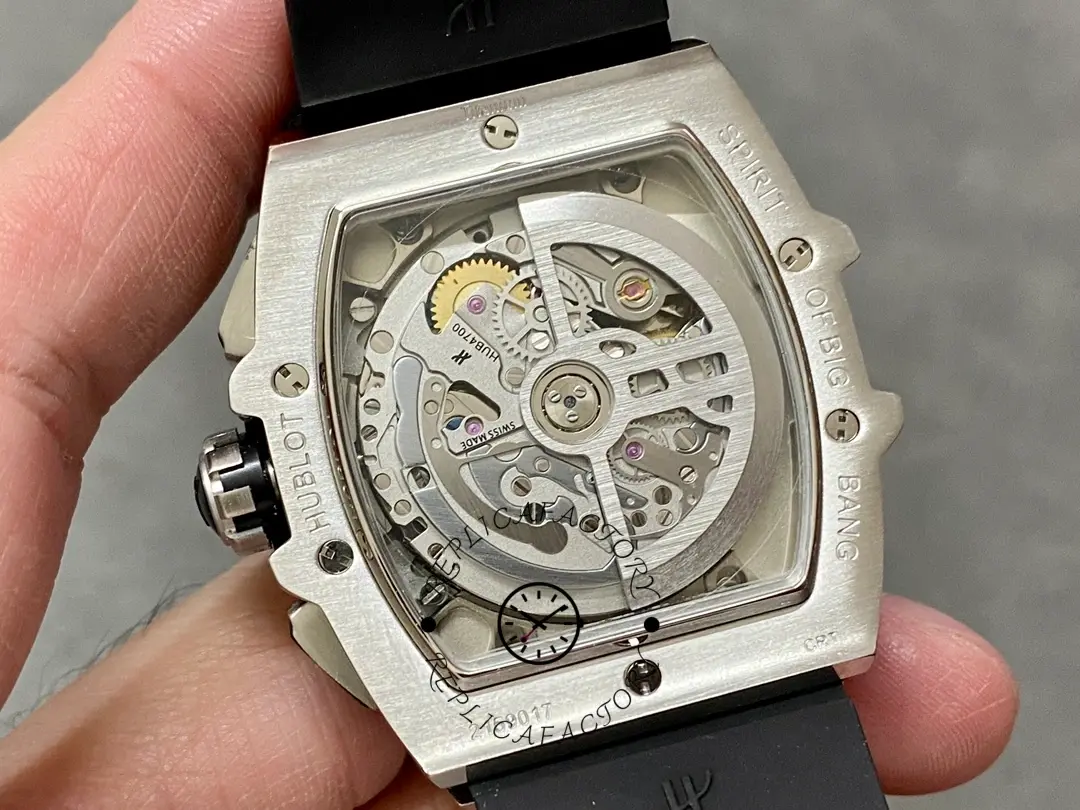 Caseback view of Hublot Spirit of Big Bang 642.NM.0170.RX showing exhibition back and rotor.