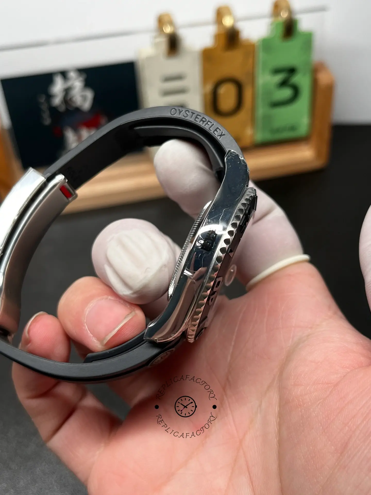 Side view of Rolex Yacht-Master 226659 highlighting Oysterflex strap curve and polished case flank.