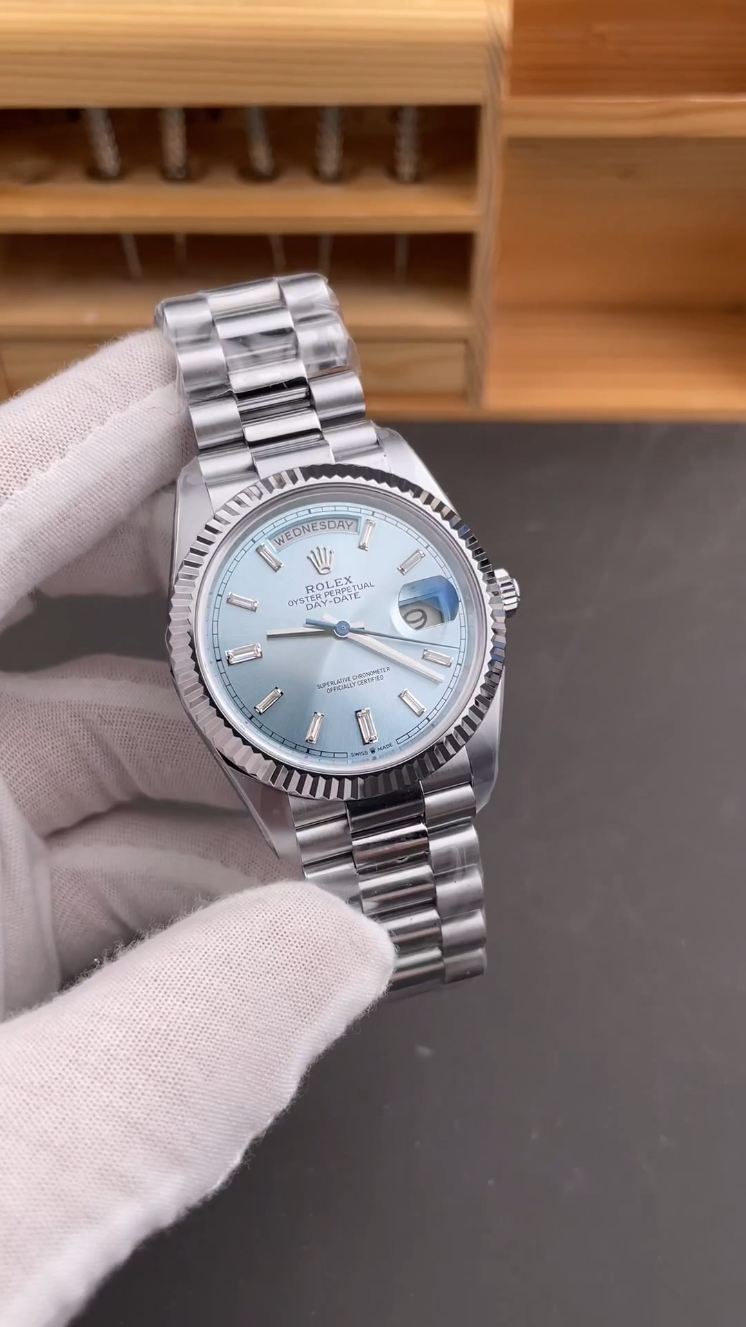 Rolex Day Date 40mm Platinum 228236 0006 Ice Blue Baguette