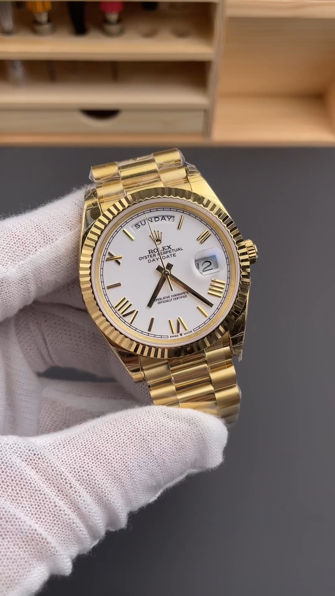 Rolex Day-Date 128238 Fluted Bezel White Roman Dial 36MM Replica Watch