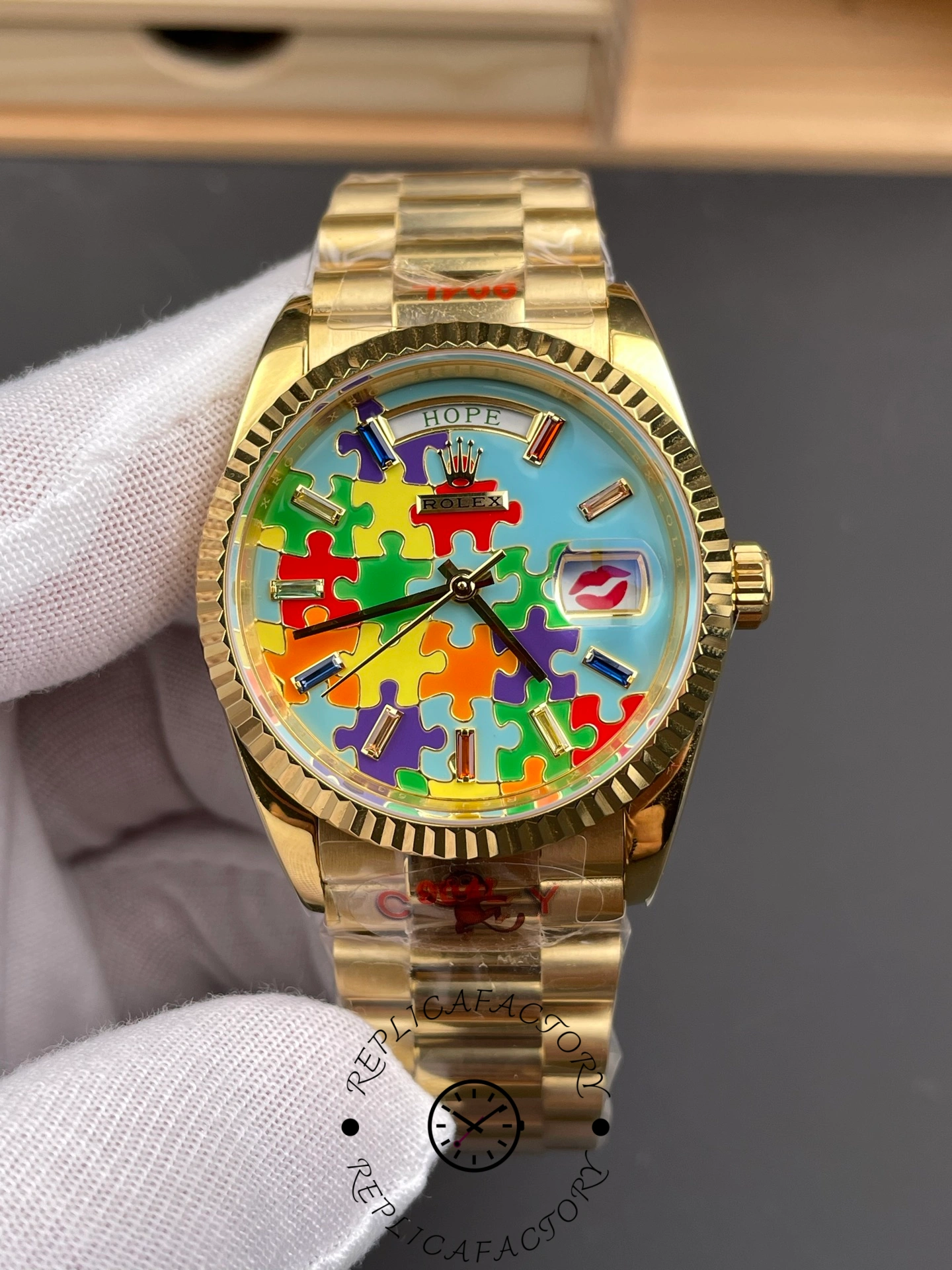 Rolex Day Date 128238-0106 36mm Yellow Gold Fluted Bezel Emoji Puzzle Dial