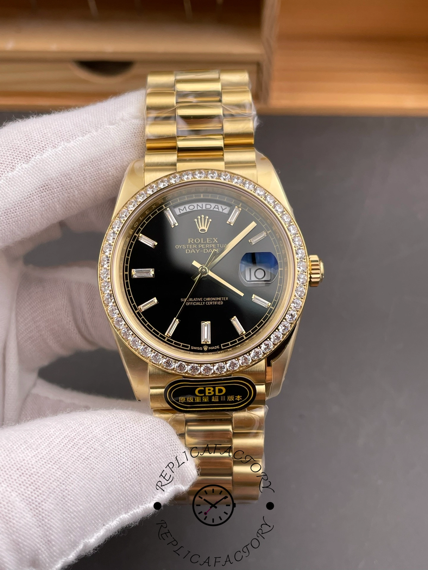 Rolex Day-Date 228348RBR 0039 Black Diamond Dial Diamond Bezel 40mm Mens Replica Watch