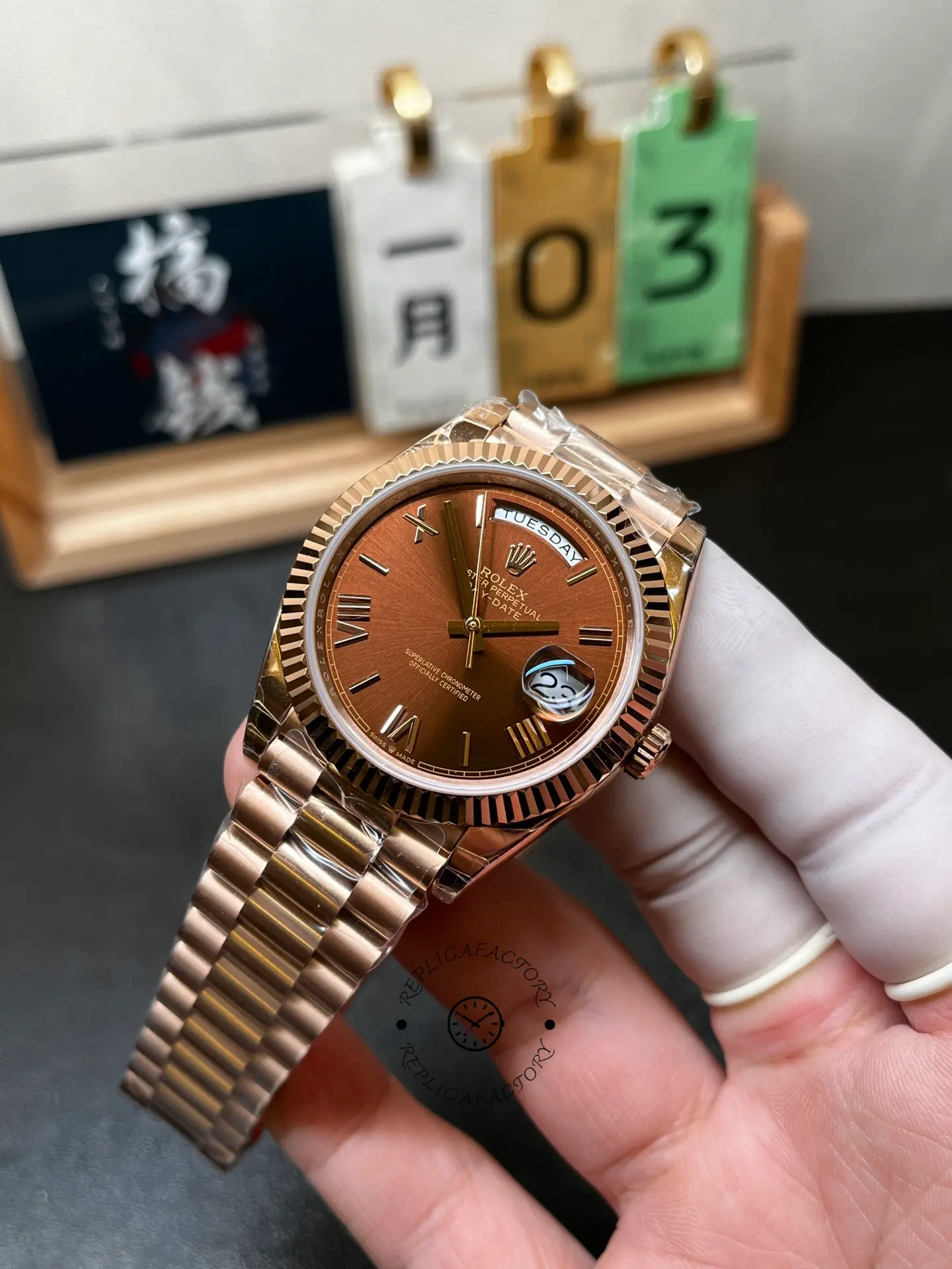 Rolex Day-Date 228235-0002 Chocolate Brown Dial Fluted Bezel 40mm Mens Replica Watch