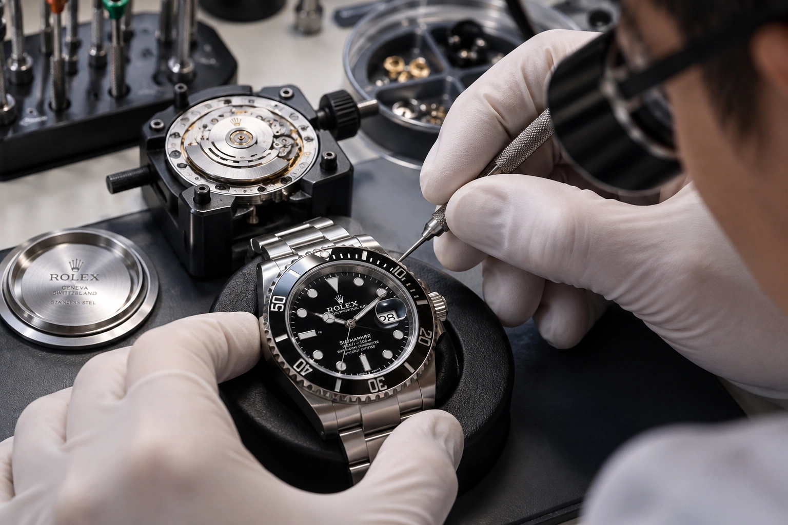 Watchmaker inspecting and servicing a mechanical watch movement