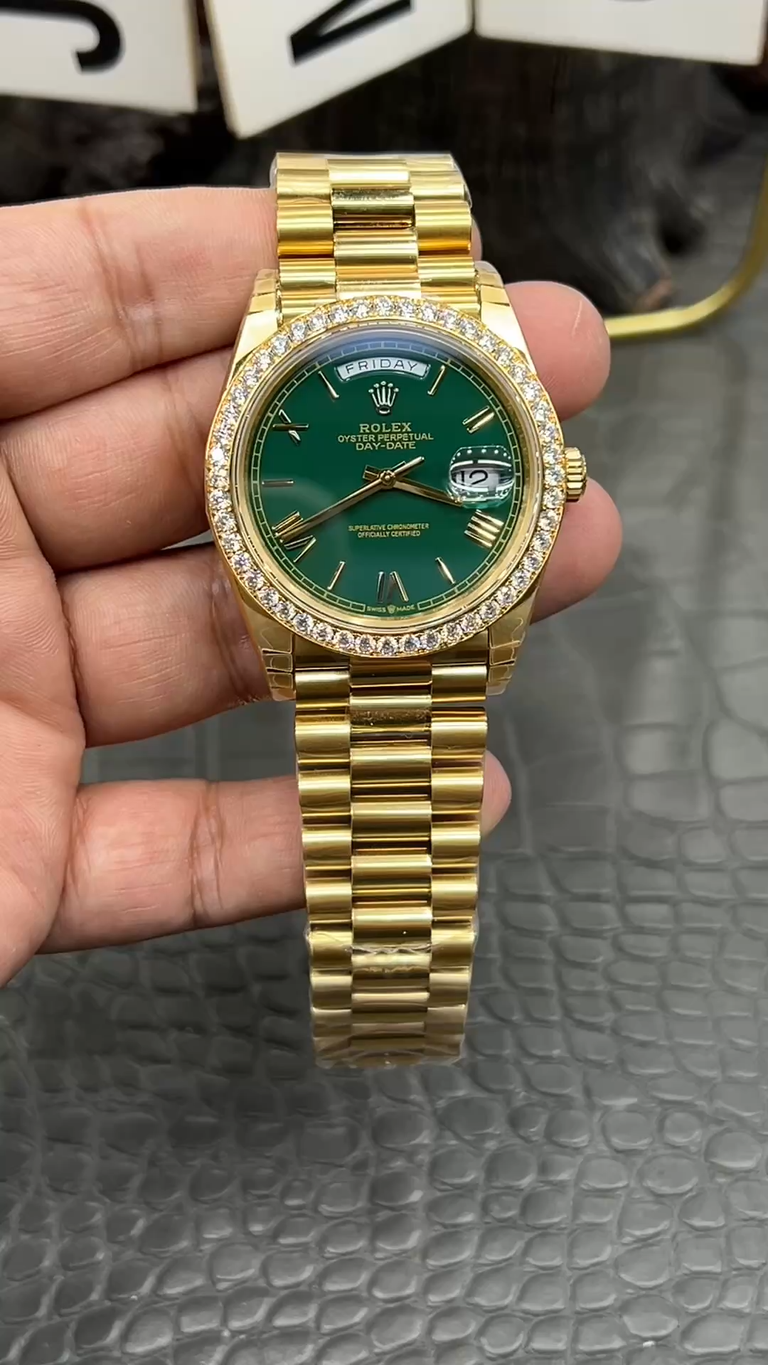 Rolex Day Date 40 18K Yellow Gold Green Dial Diamond Bezel M228348RBR 0040 Men's Watch