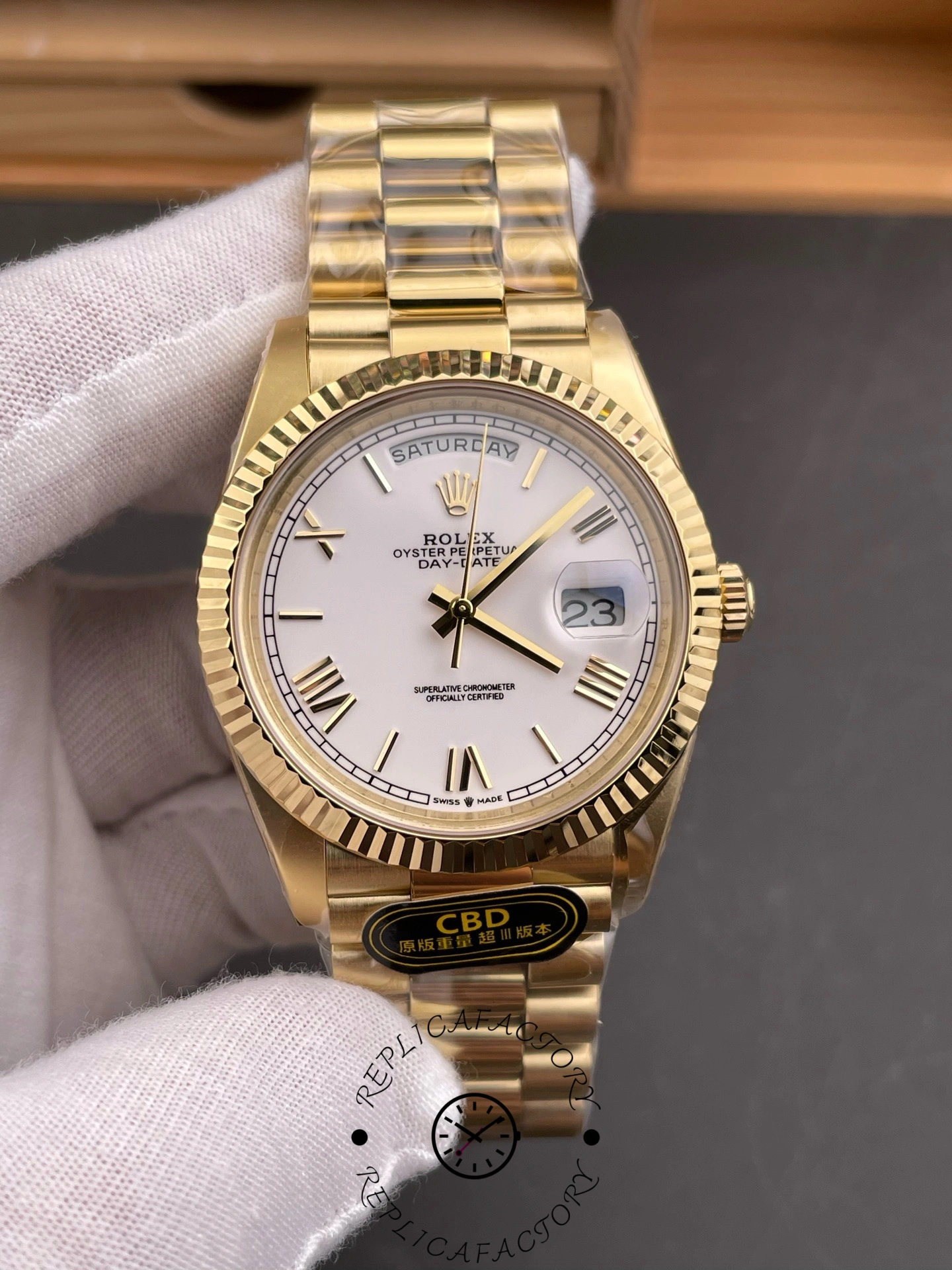 Rolex Day-Date 228238 White Roman Dial Fluted Bezel 40mm Mens Replica Watch