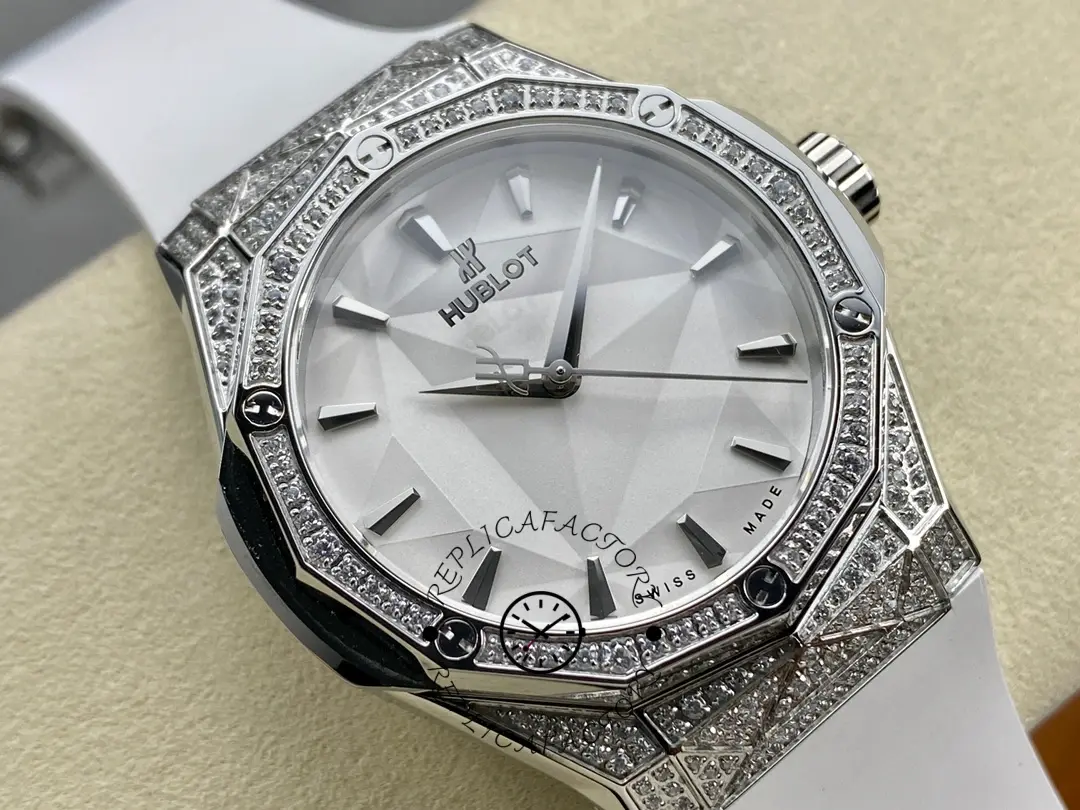 Angled close-up of Hublot Classic Fusion 550.NS.2200.RW.1604.ORL20 showing case facets and diamond-set bezel.