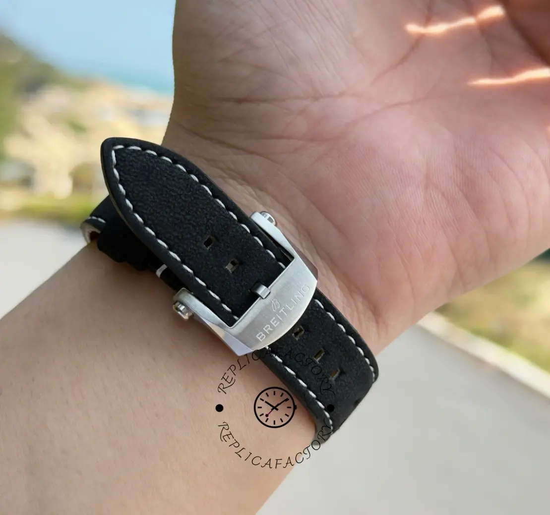 Breitling Top Time B01 Deus Chronograph AB01765A1B1X1, wrist strap detail showing stitching and fit.