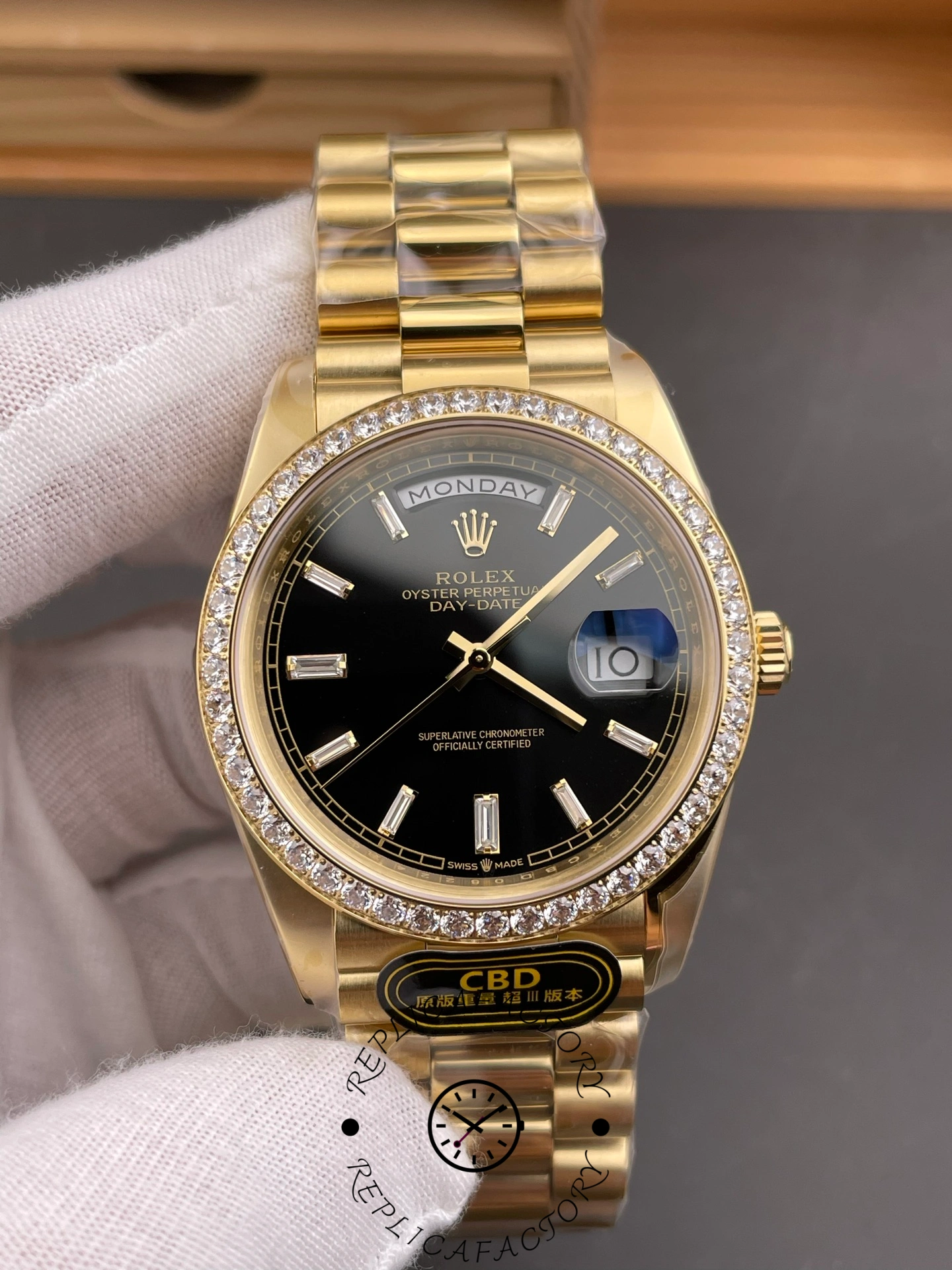 Rolex Day-Date 228348RBR 0039 Black Diamond Dial Diamond Bezel 40mm Mens Replica Watch