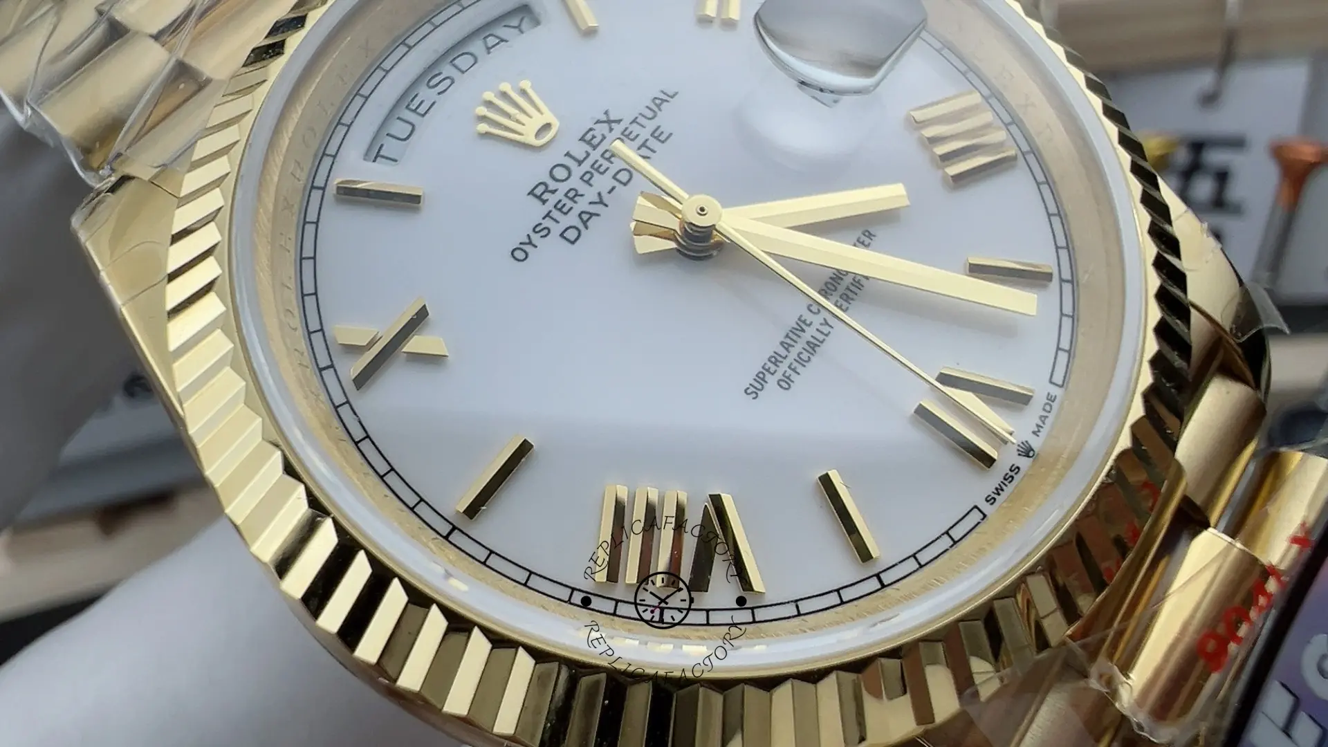 Rolex Day-Date 128238 Fluted Bezel White Roman Dial 36MM Replica Watch