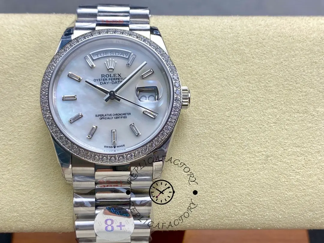 Rolex Day Date 36 MOP Dial Diamond Bezel Platinum m128396tbr 0022