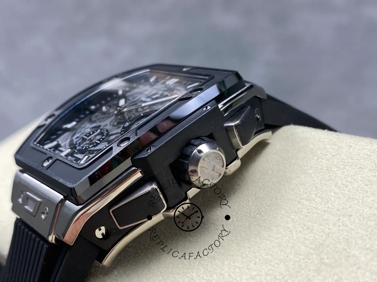 Crown-side close-up of Hublot 642.NM.0170.RX showing signed crown and case guards.