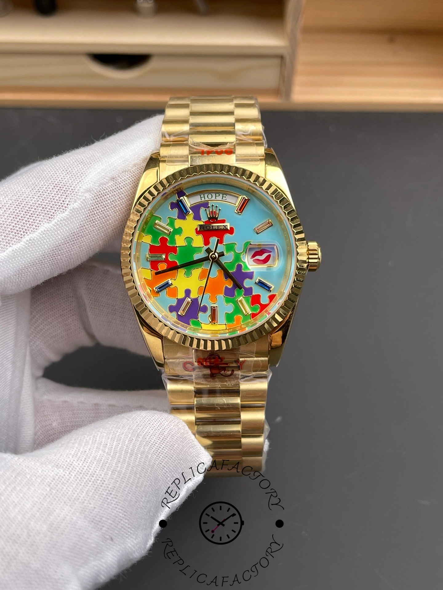 Rolex Day Date 128238-0106 36mm Yellow Gold Fluted Bezel Emoji Puzzle Dial