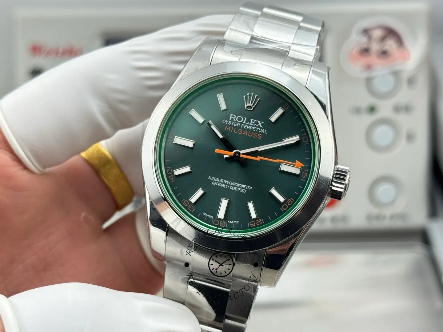 Front view of Rolex Milgauss 116400GV-0002 with Z-blue sunburst dial and steel Oyster bracelet.