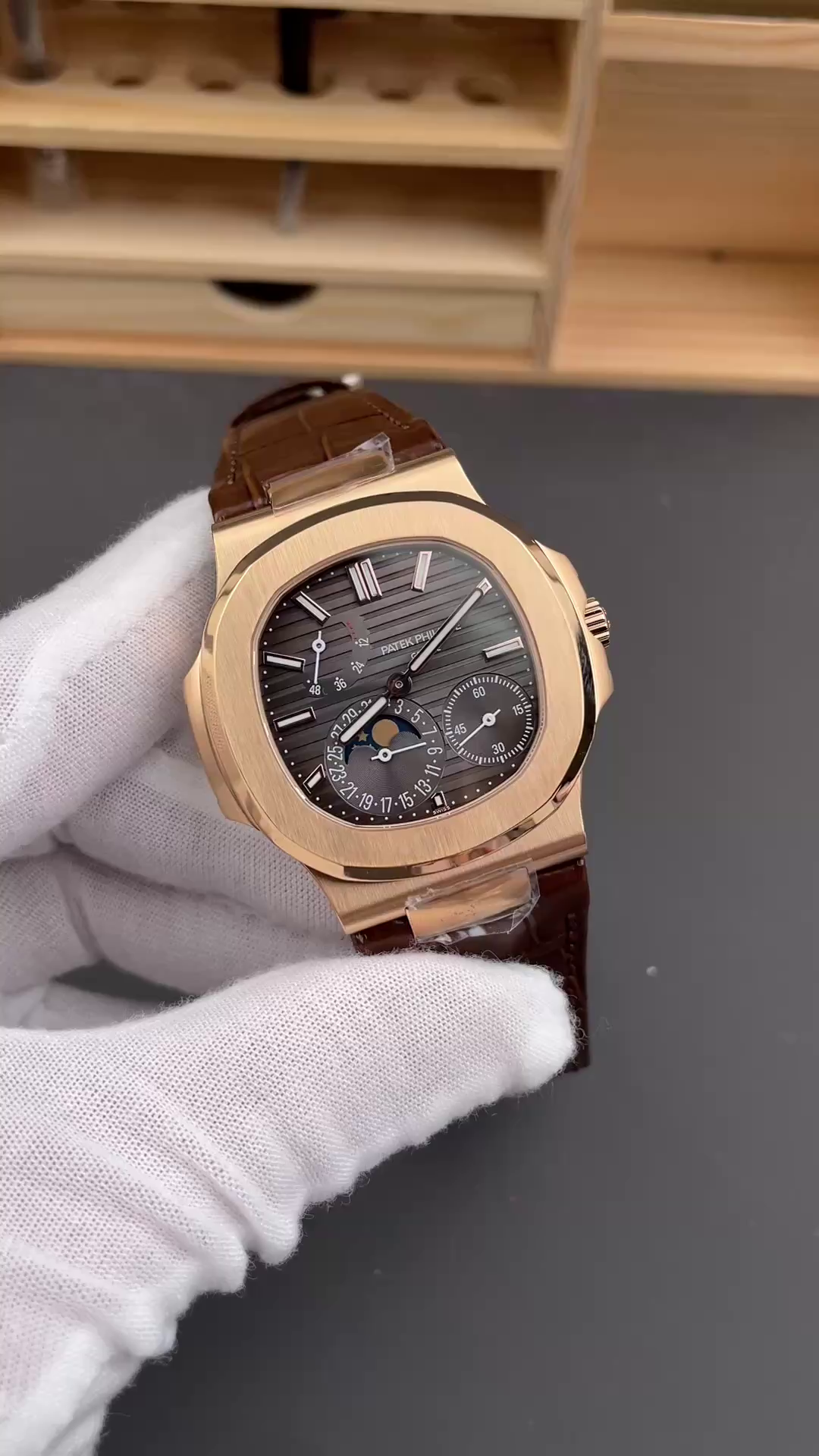 Patek Philippe Nautilus Moon Phases Rose & White Gold Slate Brown Dial 5712GR 001 - WatchesReplica.is