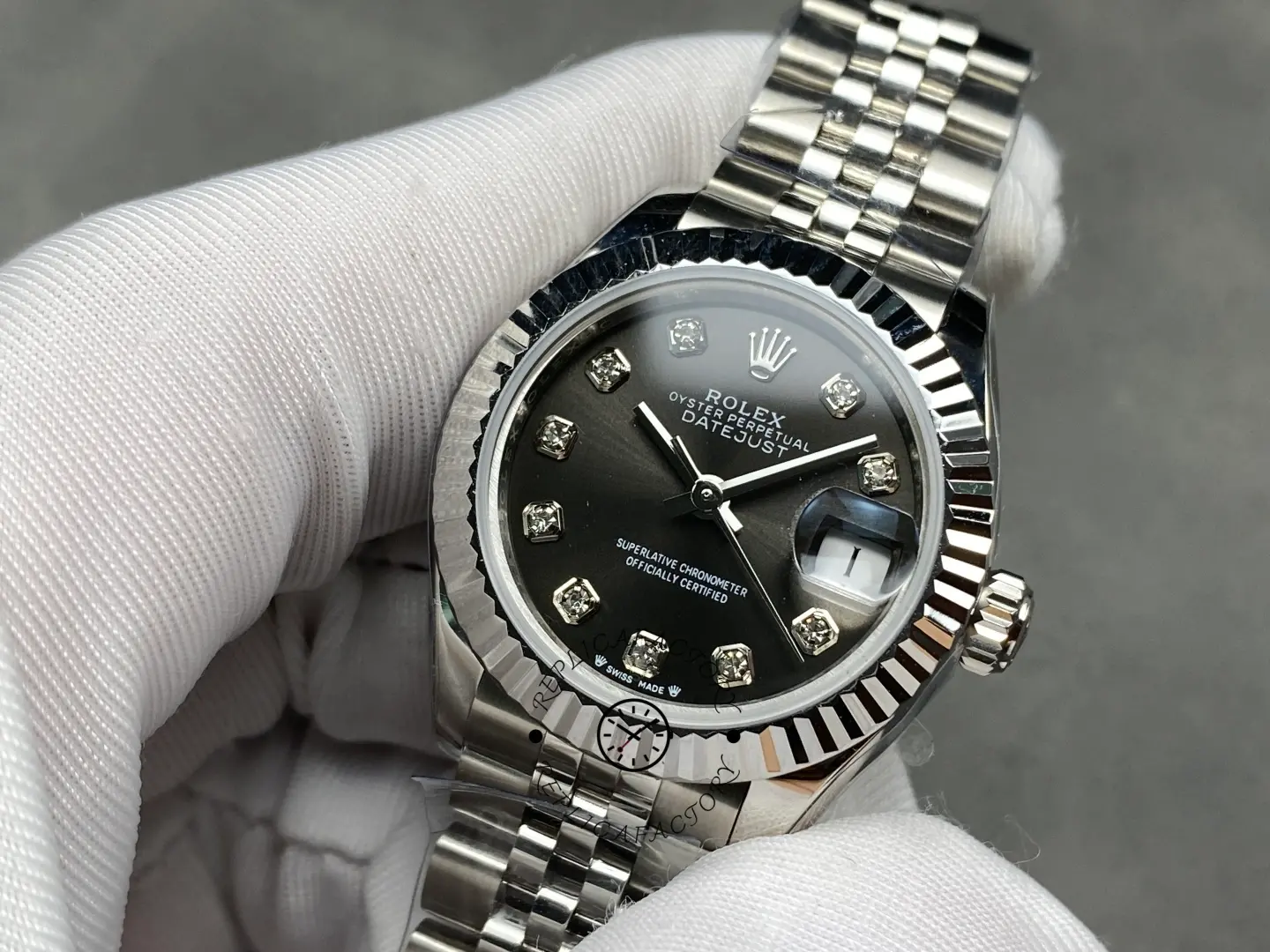 Rolex Datejust 279174 Stainless Steel Dark Grey Diamond Dial 28mm Lady Replica Watch