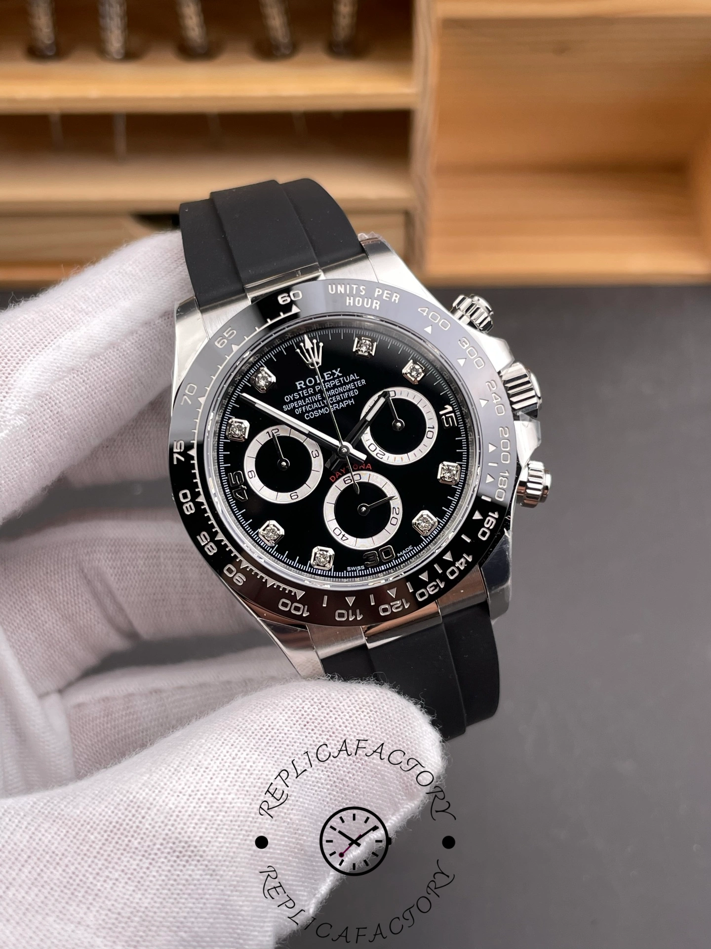 Rolex Daytona 116519 White Gold Automatic Black Dial Diamonds 40mm Mens Replica Watch