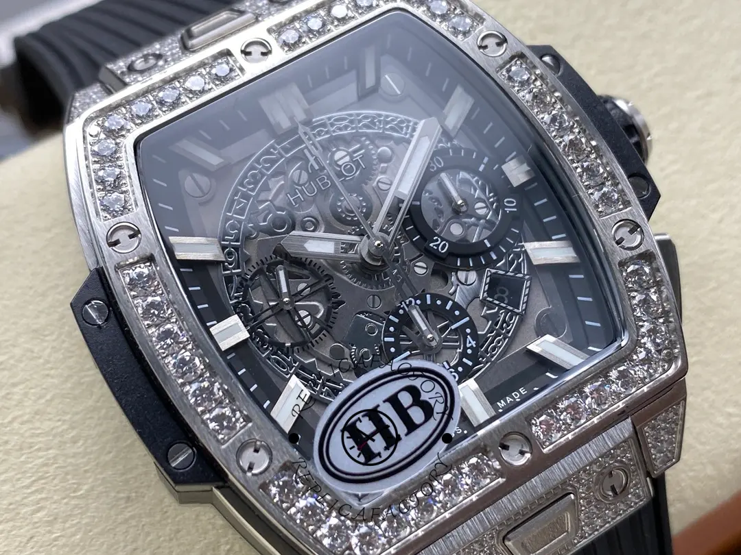 Angled close-up of Hublot 642.NX.0170.RX.1704 showing pavé bezel sparkle and skeleton chronograph subdials.